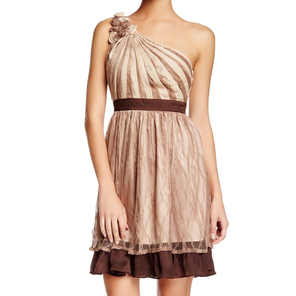 ANTHROPOLOGIE #93 One-Shoulder Toffee Mocha Rosette Lace Dress LARGE